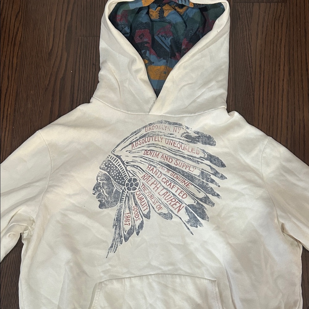 Ralph Lauren Cream denim & supply Indian Aztec lined hoodie sweatshirt XXL - Picture 2 of 5